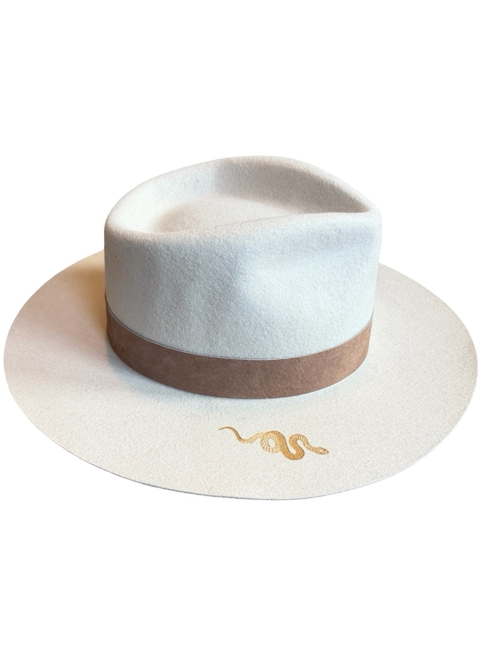 Gigi Pip Miller Fedora Hat Ivory Custom Gold Snake Graphic Luxury Size 61 XL
